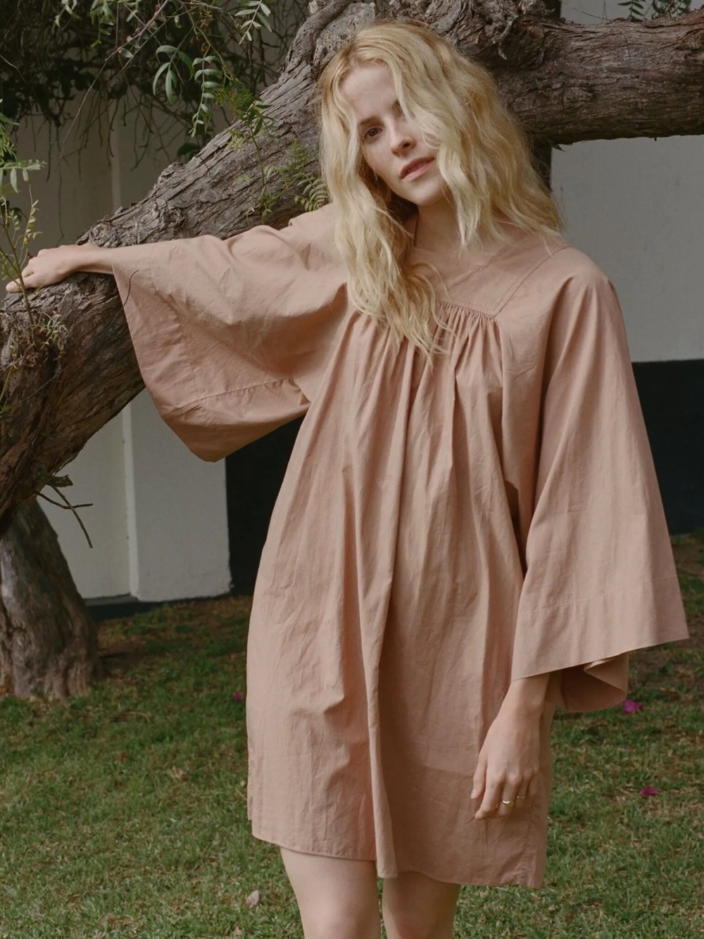 Doen Calder Poplin Cotton Mini Dress in Tan w Large Bell Sleeves XS Neutral